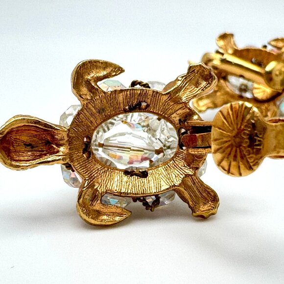 Turtle 50s Clip-On Earrings Gold Tone Green Clear Rhinestone Vintage Design - Picture 8 of 8